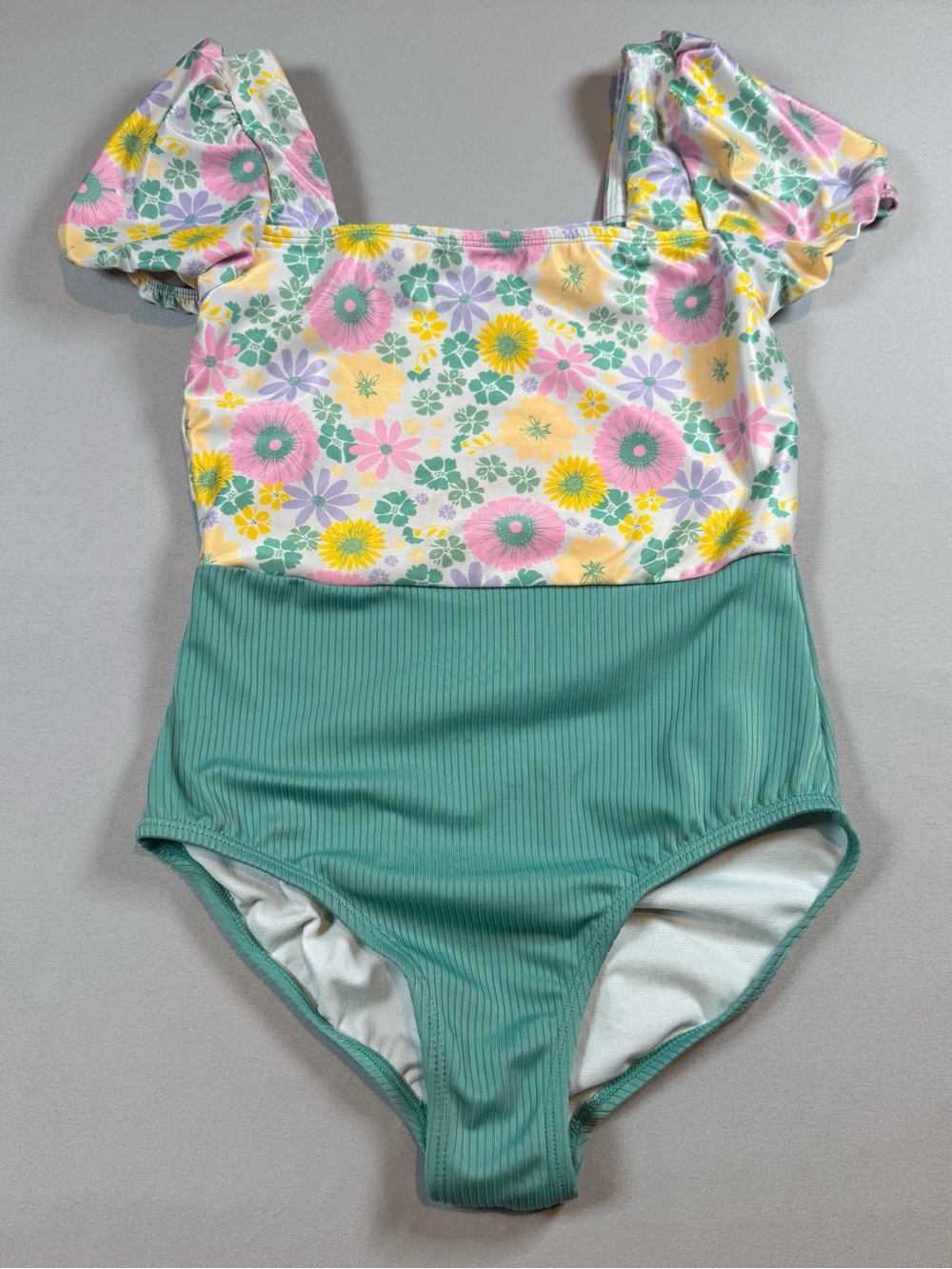 Girls Floral & Green Puff Sleeve One-Piece Swimsuit - Large 10/12